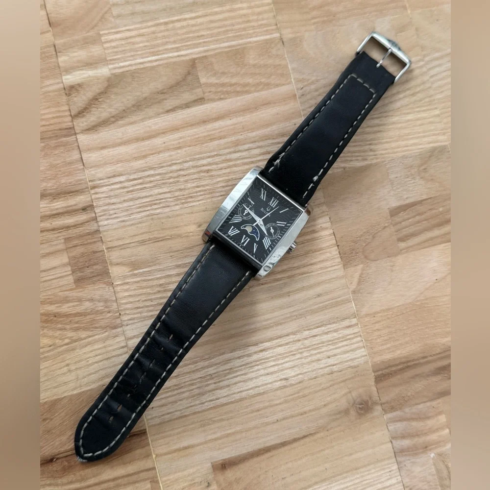 Bulova Moon Phase Super Rare Tank Men’s Watch Curvex Crystal Leather Strap Date